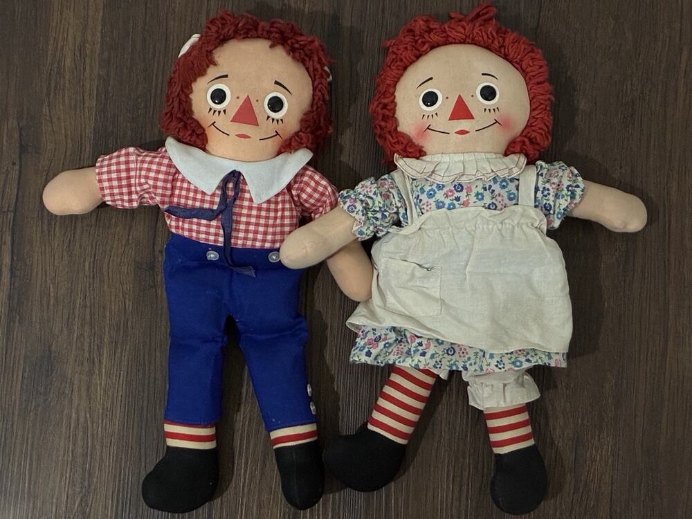 Vintage 1960s Original Knickerbocker Raggedy Ann & Andy Dolls, 16”H